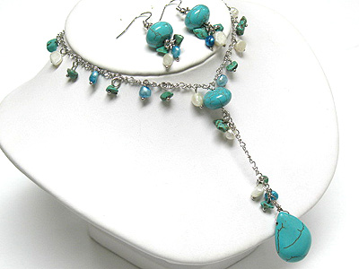 Multi turquoise stone y drop necklace and earring set