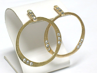 Crystal stud scratched metal hoop earring - hoops - brass metal