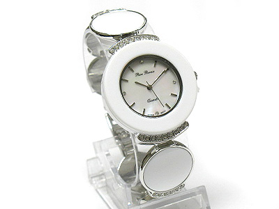 Crystal and mop and acryl disk link fashion watch