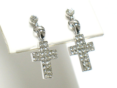 Made in korea whitegold plating crystal cross drop earring