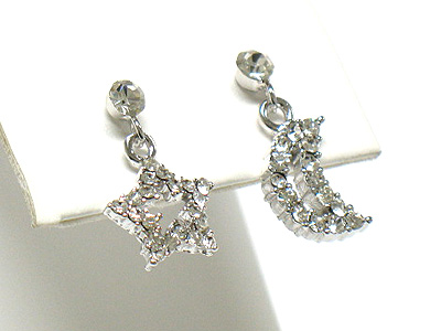 Made in korea whitegold plating crystal star and moon drop unbalance earring