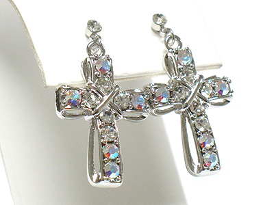 Made in korea whitegold plating crystal cross drop earring