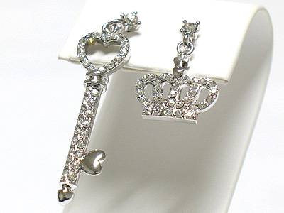 Made in korea whitegold plating crystal crown and key drop unbalance earring