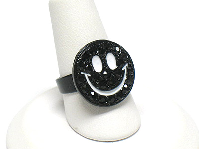 Crystal stud enameled metal smileface ring - adjustable size