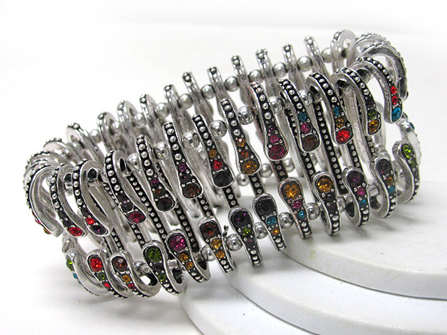 Crystal edged textured metal bal link stretch bracelet