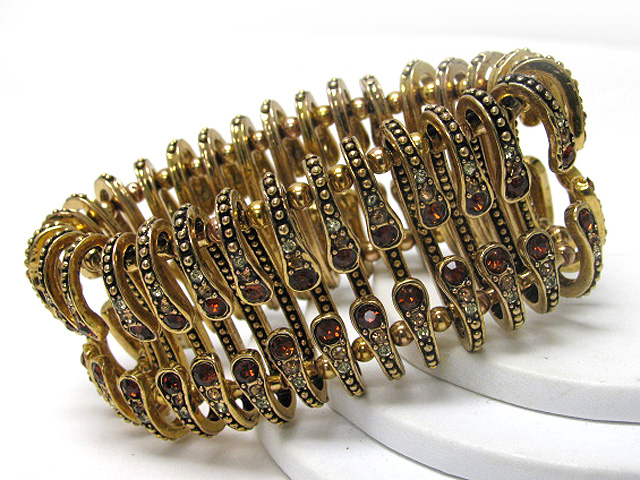 Crystal edged textured metal bal link stretch bracelet