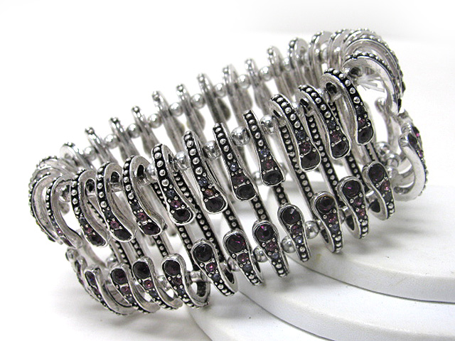 Crystal edged textured metal bal link stretch bracelet