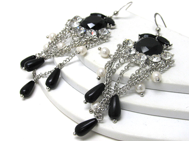 Crystal stud pearl beads and chain drop earring