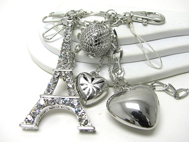 Crystal eifel tower and multi charm dangle key holder