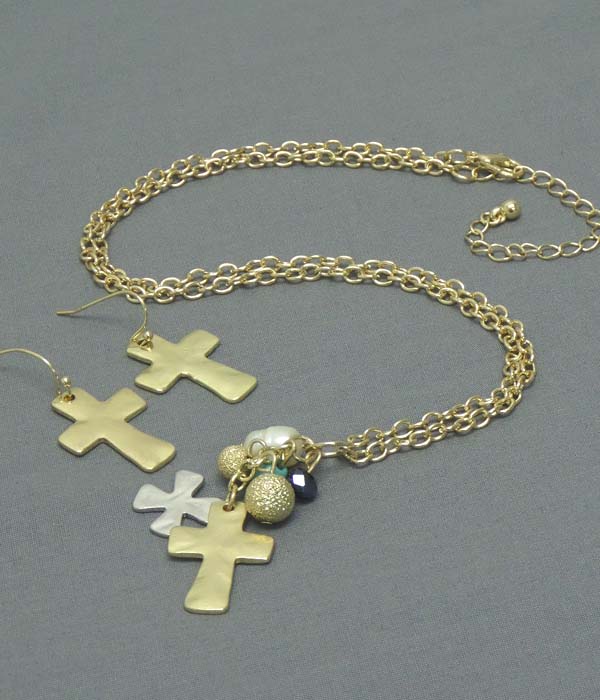 Hammered cross and pearl pendant necklace earring set