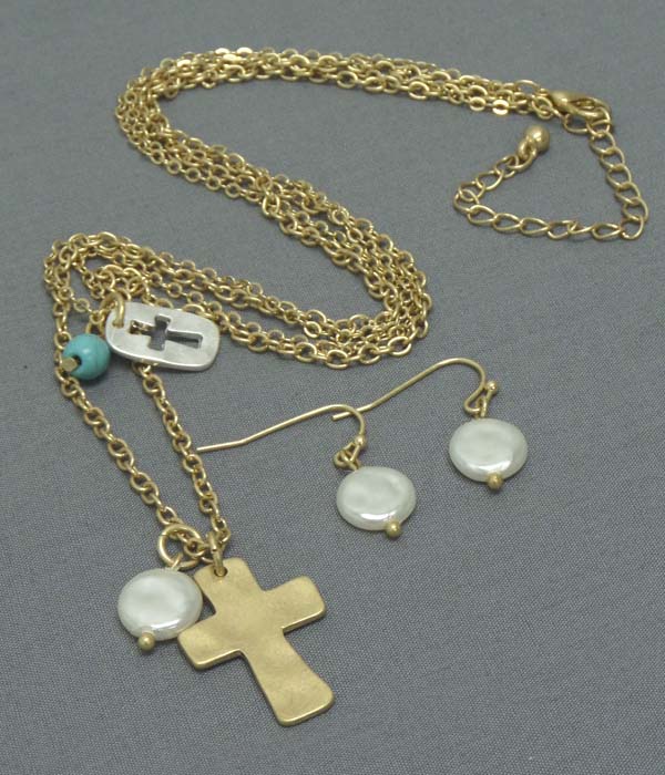 Cross cut plate and cross pearl pendant double chain necklace earring set