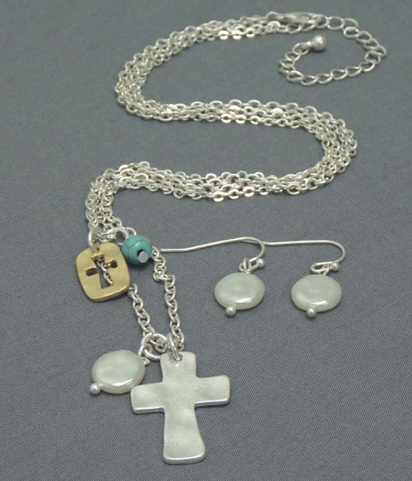 Cross cut plate and cross pearl pendant double chain necklace earring set