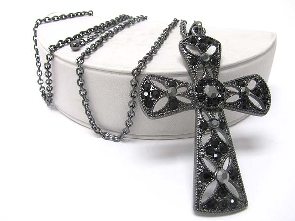 Crystal stud large cross pendant long necklace