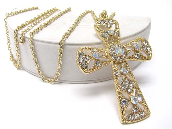 Crystal stud large cross pendant long necklace