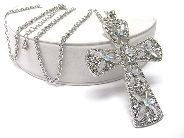 Crystal stud large cross pendant long necklace