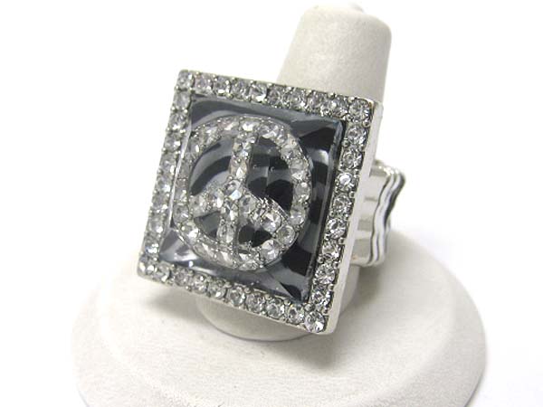 Zebra pattern crystal peace mark stretch ring