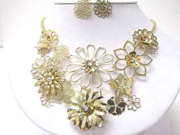 Crystal stud double layer metal flower link necklace set