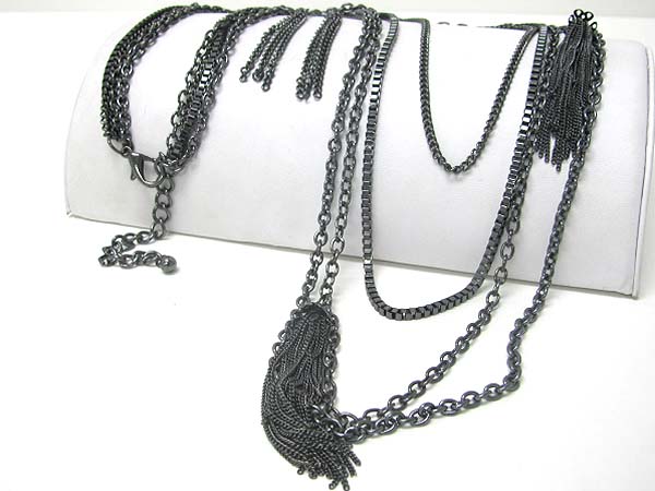 Multi row mixed metal chain long necklace set