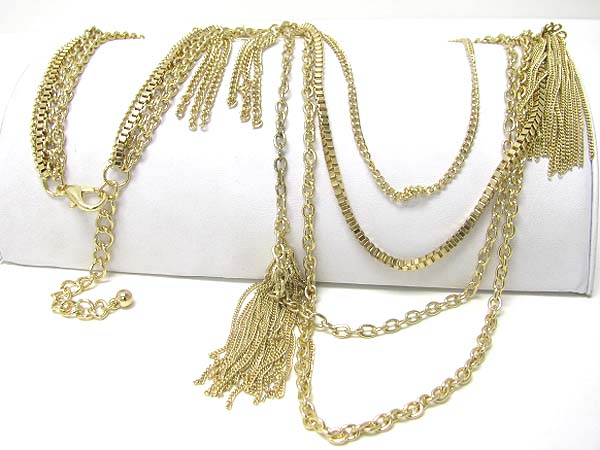 Multi row mixed metal chain long necklace set 