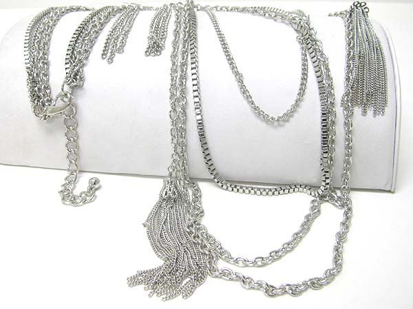 Multi row mixed metal chain long necklace set 