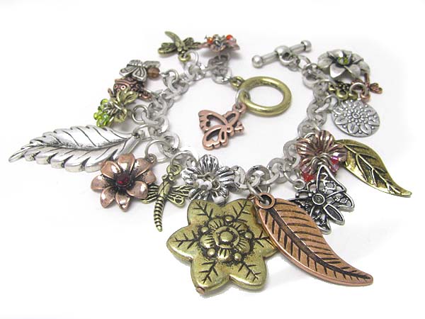 Tri tone mixed antique charm dangle bracelet