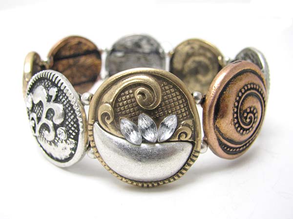 Textured antique metal round disk link bracelet