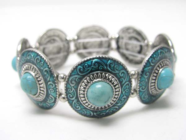 Turquoise stone textured metal round disk bracelet