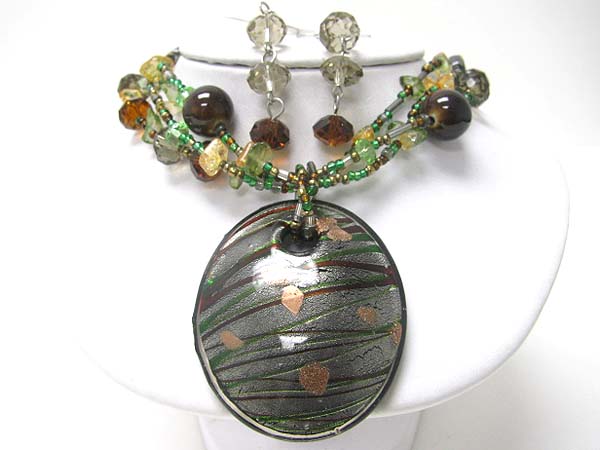 Murano glass round pendant multi row beads link necklace set