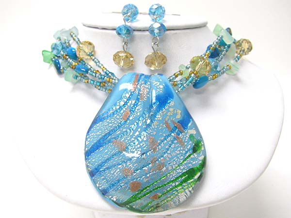 Murano glass round pendant multi row beads link necklace set