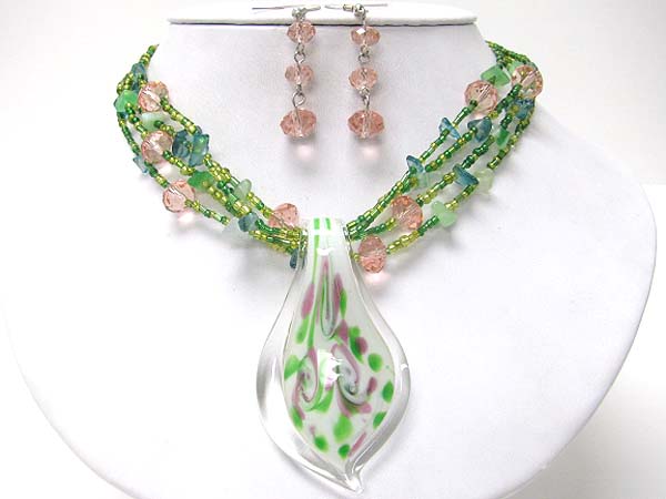 Murano glass pendant multi row beads link necklace set