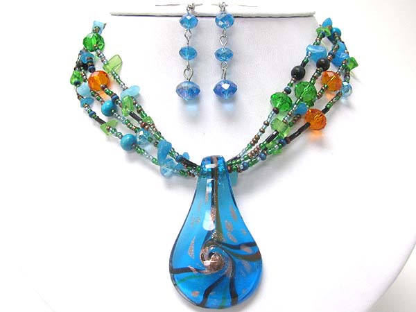 Murano glass pendant multi row beads link necklace set