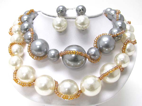 Pearl ball and seed beads deco necklace earring set