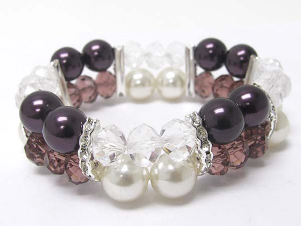 Crystal bar pearl ball and facet glass beads stretch bracelet