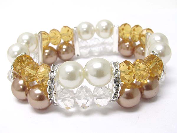 Crystal bar pearl ball and facet glass beads stretch bracelet