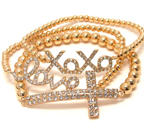 Crystal deco xoxo love,cross message stretch bracelet - set of 3 