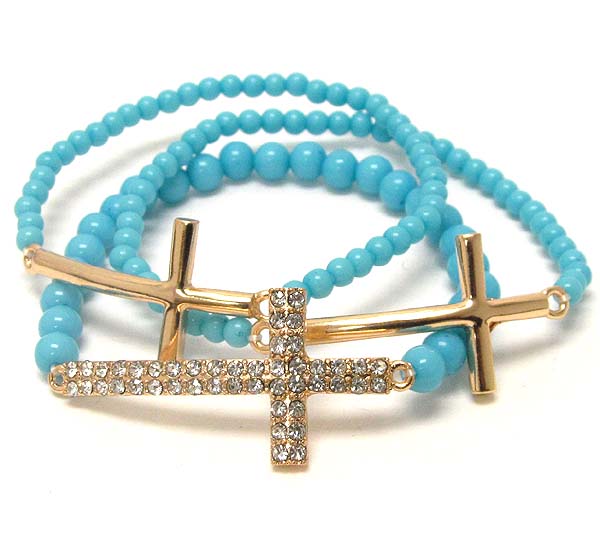 Crystal and plain metal deco cross theme stretch bracelet - set of 3