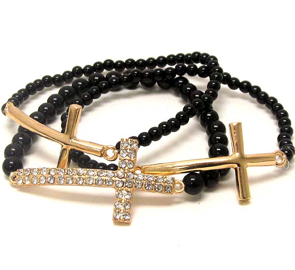 Crystal and plain metal deco cross theme stretch bracelet - set of 4