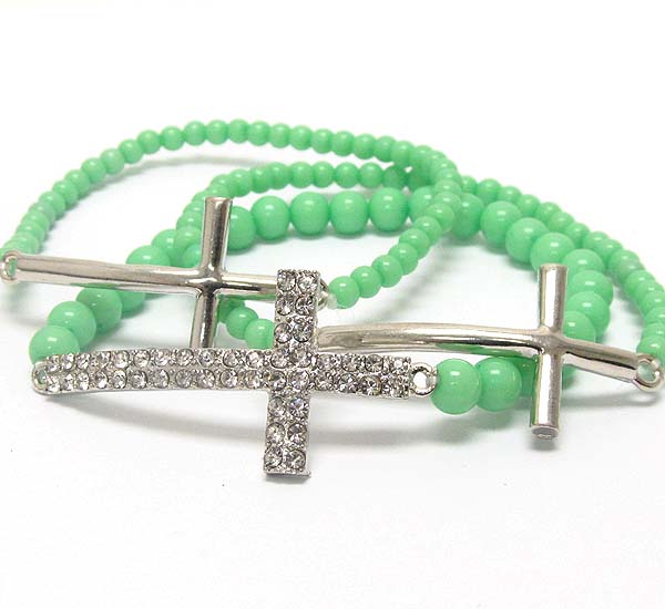 Crystal and plain metal deco cross theme stretch bracelet - set of 6