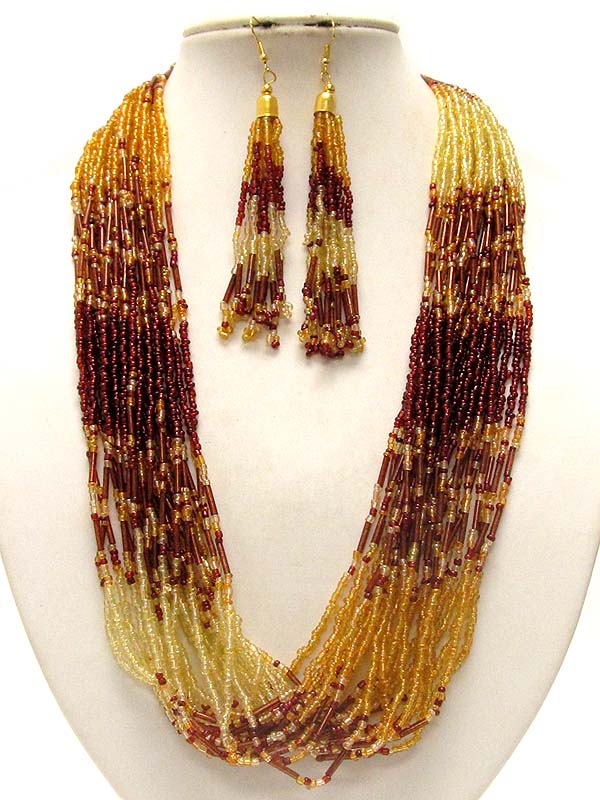 Multi seed bead and layered chain necklace and earring set