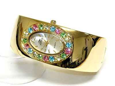 Paved crystal surround face metal bangle watch