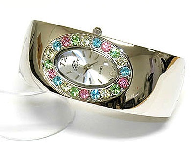 Paved crystal surround face metal bangle watch