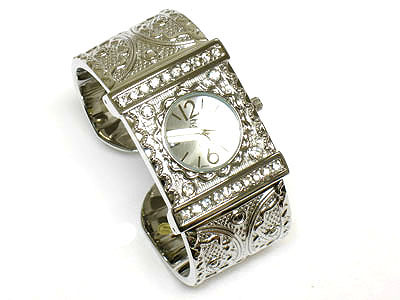 Crystal and filigree metal casting bangle watch