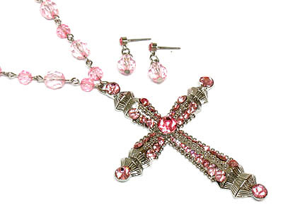 Crystal half dome cross long beads necklace and earring set