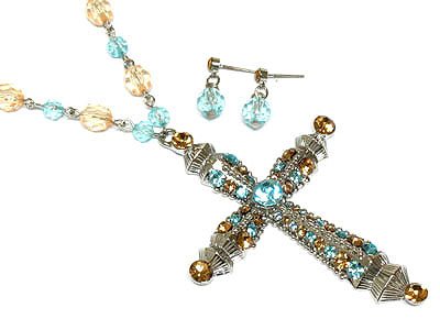 Crystal half dome cross long beads necklace and earring set