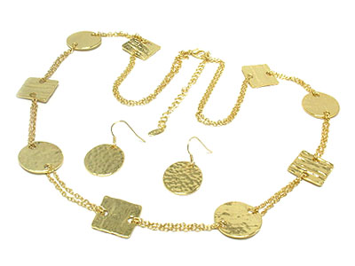 Metal casted square and disk double long necklace and earring set