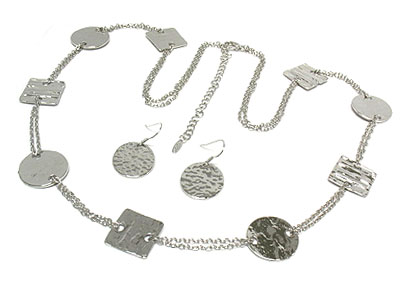 Metal casted square and disk double long necklace and earring set 