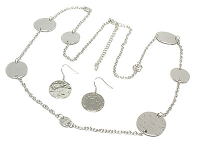 Metal casted round disk long necklace and earring set