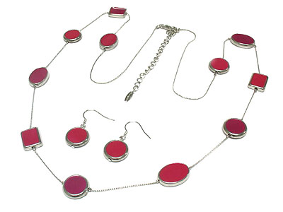 Round and square pattern enamel shape long necklace and earring set 