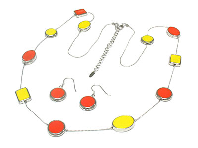 Round and square pattern enamel shape long necklace and earring set 