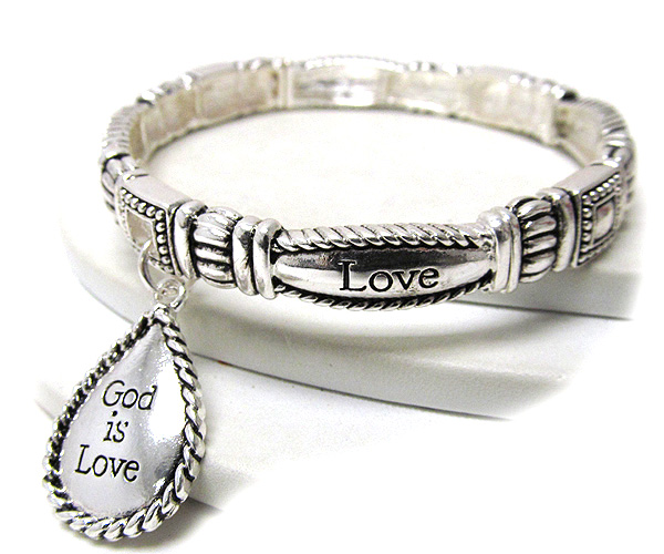 Tear drop charm god is love message stretch bracelet